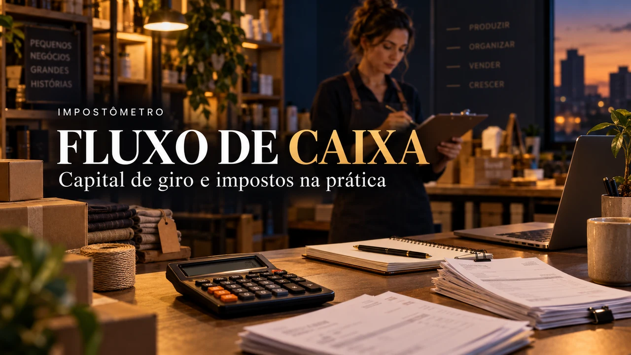 Capa cinematográfica de uma pequena empresa com o título Fluxo de caixa e o subtítulo Capital de giro e impostos na prática