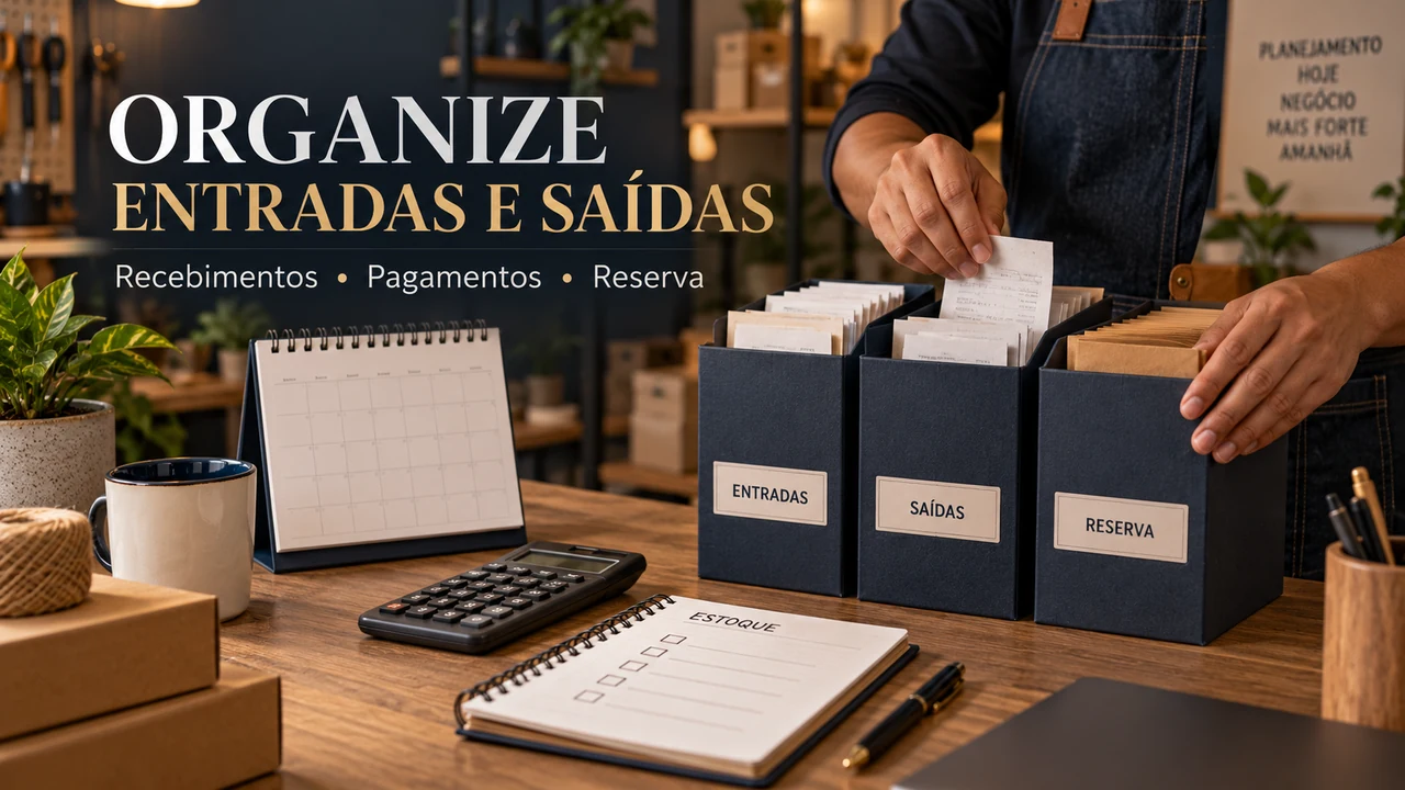 Ilustração cinematográfica de documentos, calculadora e agenda organizados para acompanhar entradas e saídas de uma empresa