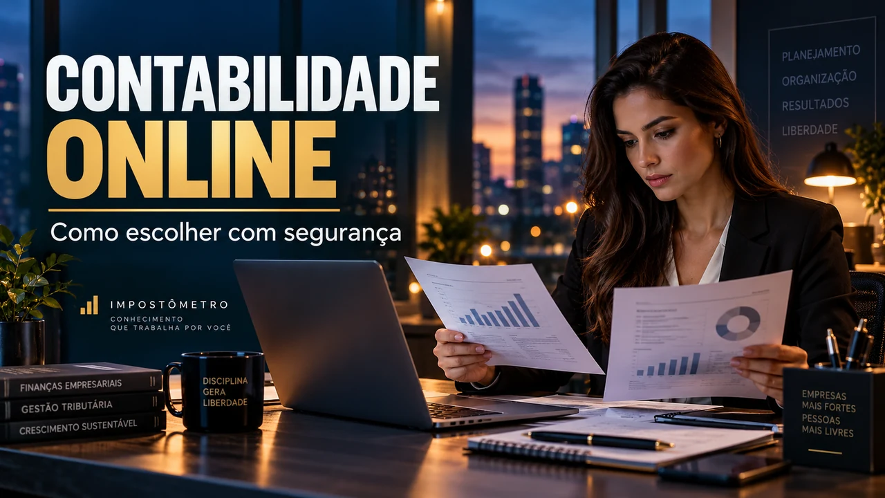Capa cinematográfica de escritório contábil com o título Contabilidade online: como escolher com segurança