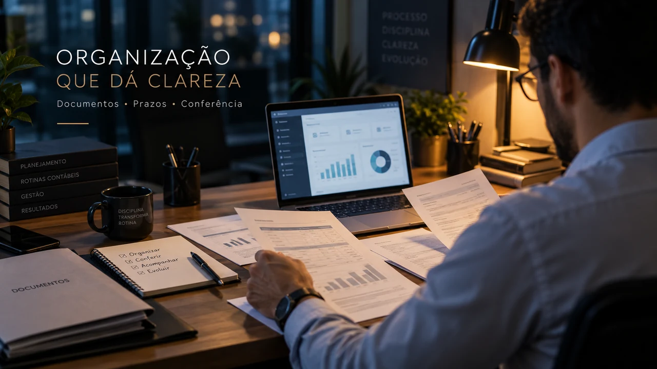 Profissional organizando documentos digitais em um escritório contábil com iluminação cinematográfica