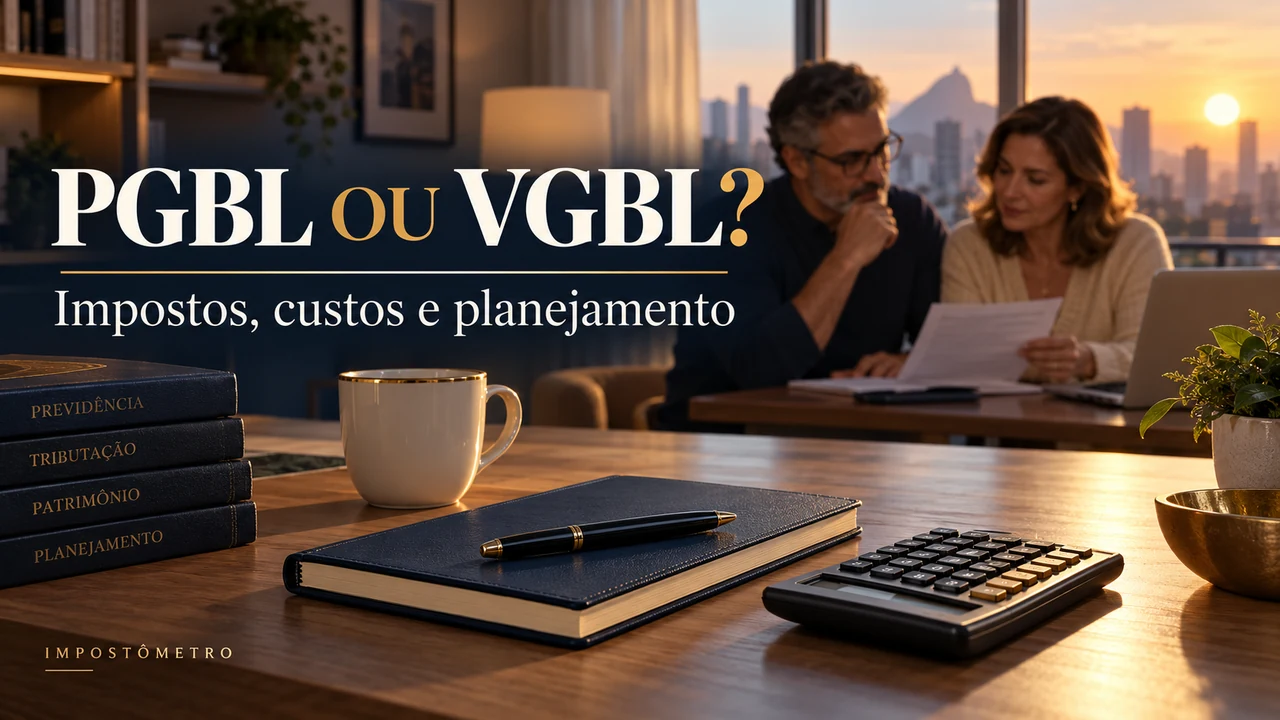 Capa cinematográfica de planejamento financeiro com a pergunta PGBL ou VGBL e o subtítulo Impostos, custos e planejamento