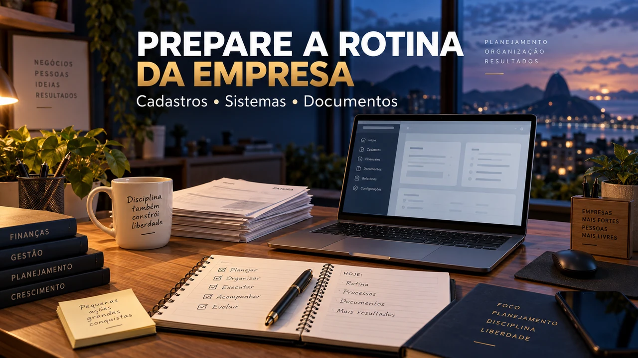 Ilustração cinematográfica de um escritório empresarial com computador, notas organizadas e agenda de preparação tributária