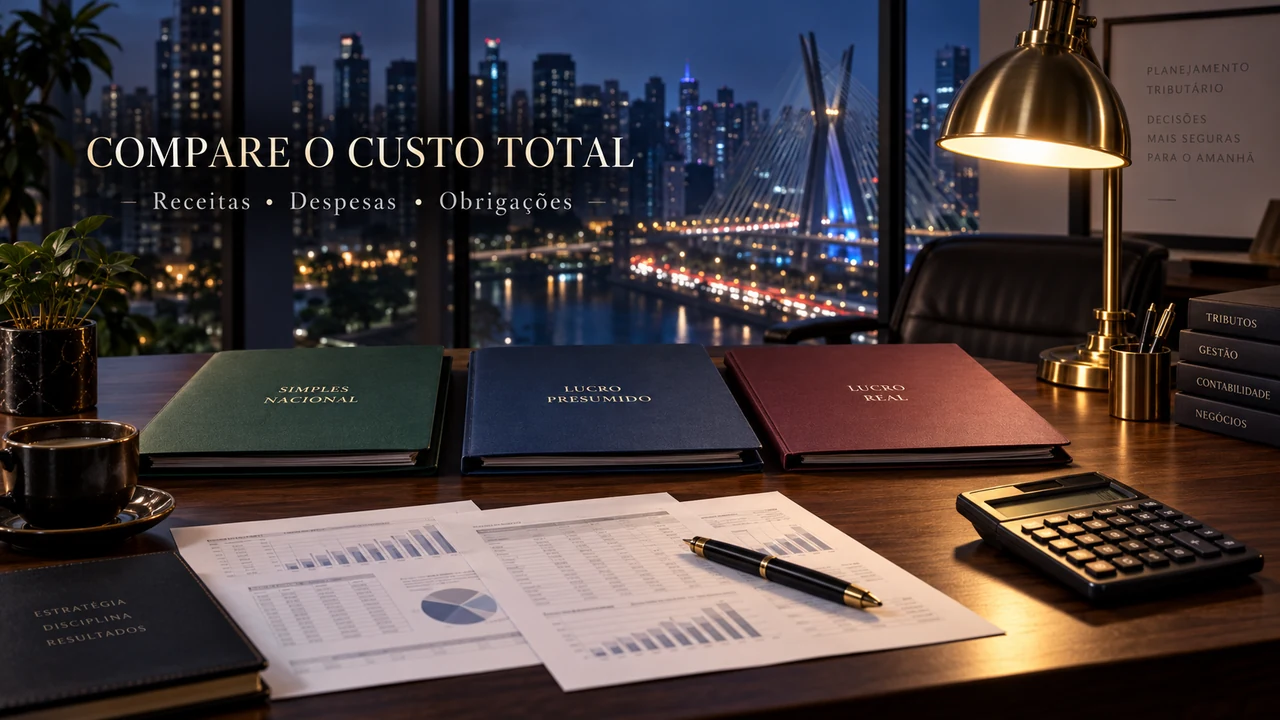 Mesa de análise financeira com relatórios, calculadora e três caminhos visuais de comparação tributária
