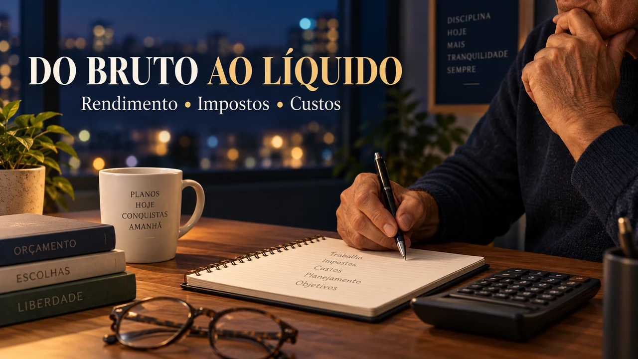 Ilustração cinematográfica de uma mesa de planejamento financeiro com calculadora e revisão de rendimentos